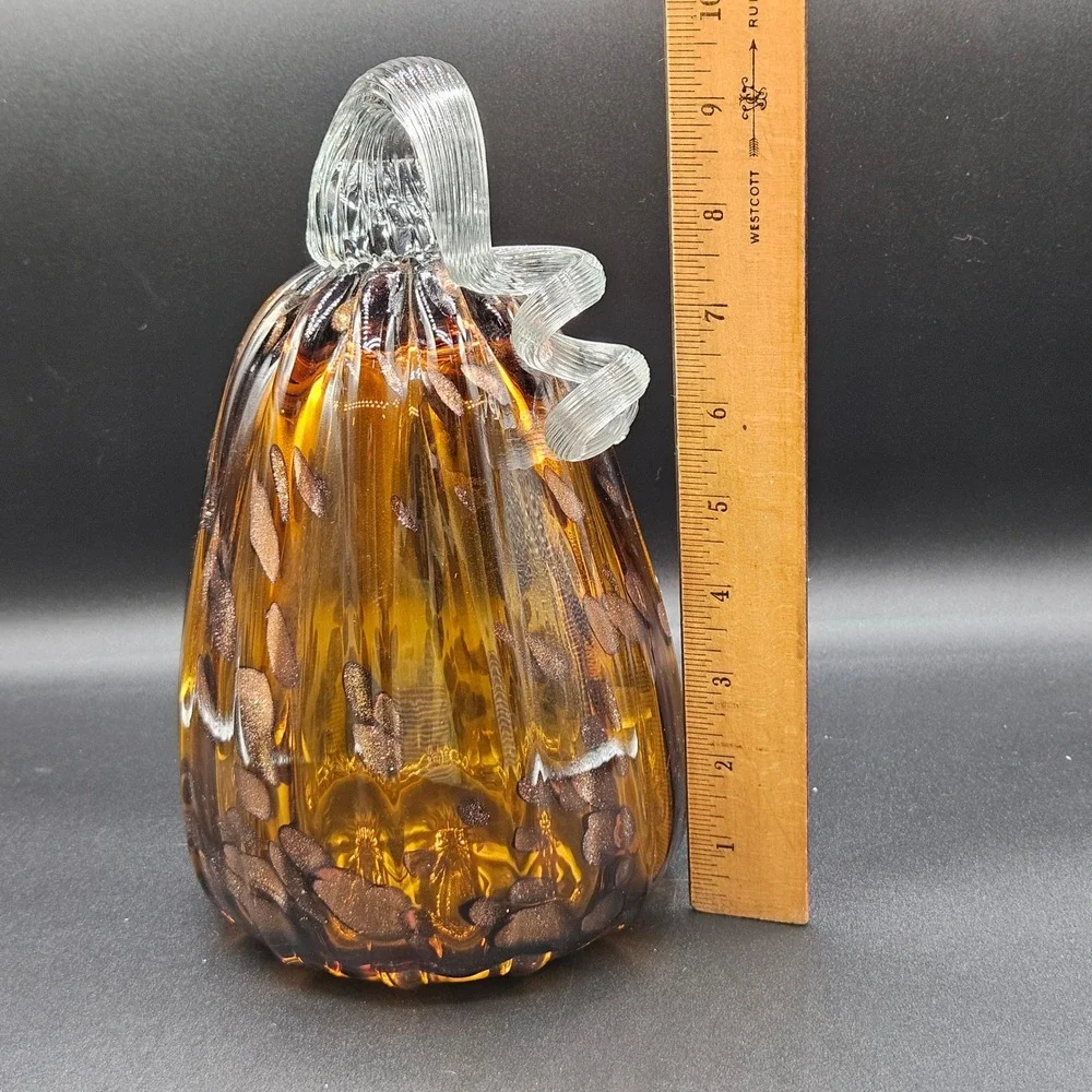 Amber Glass Pumpkin Gourd Copper Aventurine Flecks Hand Blown Fall Decor 9.5